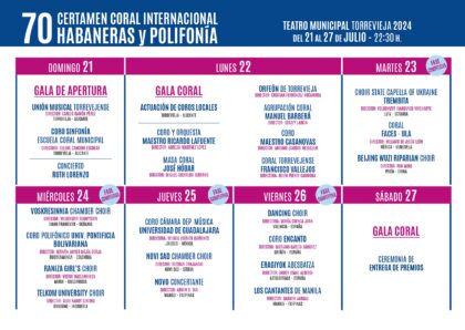 Torrevieja, evento cultural: Concierto coral por el Coro Polifónico de la Universidad Pontificia Bolivariana (Bucaramanga, Colombia) en actividades paralelas, dentro del 70º Certamen Internacional de Habaneras y Polifonía organizado por el Patronato Municipal