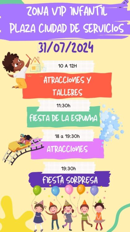 Almoradí, evento: Zona VIP infantil con juegos de agua, animaciones y espectáculo, dentro de los actos de la Feria y Fiestas patronales de los Santicos de la Piedra, San Abdón y Senén 2024