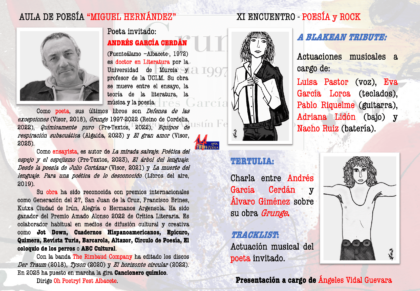 La Fundación Cultural Miguel Hernández y Auralaria organizan el XI encuentro del Aula de Poesía 'Miguel Hernández' centrado en la relación entre Poesía y Rock