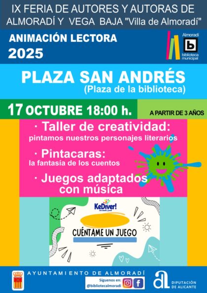 Almoradí, evento cultural: Actividades para pequeños desde tres años, como 'Taller de creatividad', pintacaras y juegos adaptados con música 'Cuéntame un juego', dentro de la IX Feria de Autores y Autoras de Almoradí y Vega Baja 'Villa de Almoradí' organizada por la Concejalía de Cultura