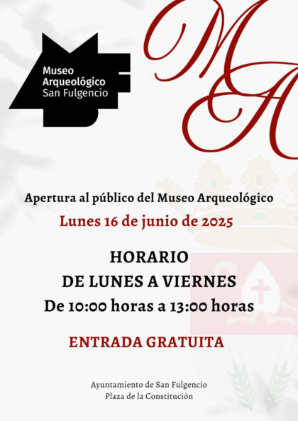 San Fulgencio, evento cultural: Apertura del Museo Arqueológico municipal con piezas del siglo VI a.C. al III a.C. halladas en los yacimientos locales, organizada por el Ayuntamiento