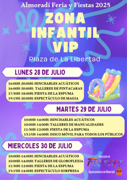 Almoradí, evento: Talleres de pintacaras en la zona VIP infantil, dentro de los actos de la Feria y Fiestas patronales de los Santicos de la Piedra, San Abdón y Senén 2025
