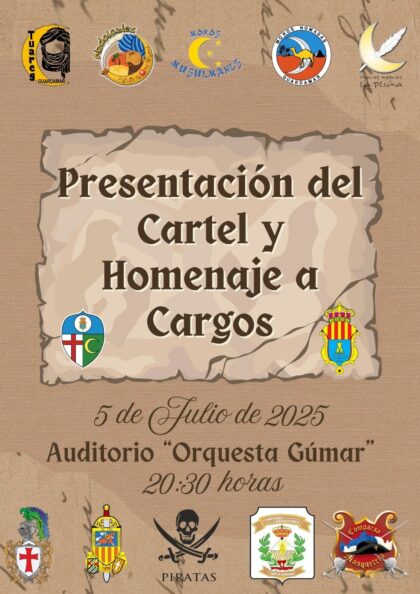 Guardamar del Segura, evento: Acto de presentación del cartel anunciador y de homenaje a los cargos festeros 2025 de las fiestas de Moros y Cristianos, dentro de la agenda municipal de julio del Ayuntamiento