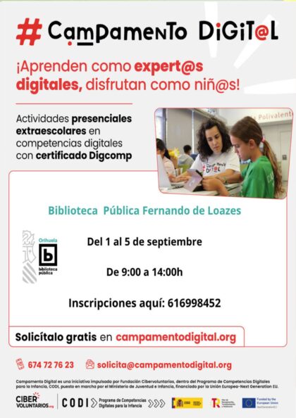 Orihuela, evento: Campamento digital con actividades extraescolares presenciales para edades entre 9 y 17 años para desarrollar competencias digitales esenciales en la era tecnológica, organizado por la Biblioteca Pública del Estado y Archivo Histórico 'Fernando de Loazes'