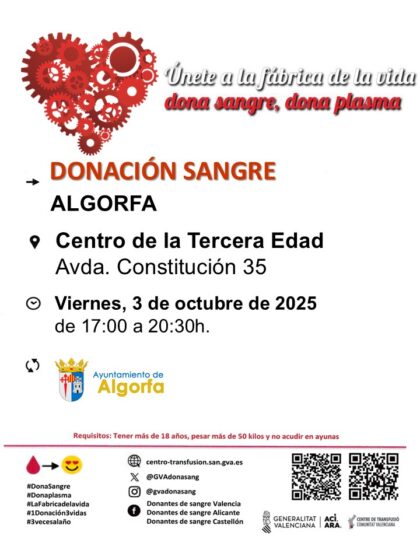 Algorfa, evento: Donación de sangre, organizada por el Centro de Transfusiones de la Comunidad Valenciana