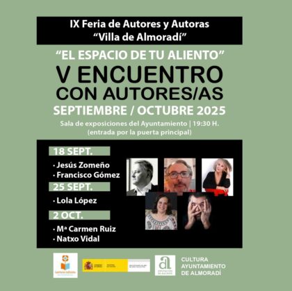 Almoradí, evento cultural: V Encuentro 'El espacio de tu aliento' con los escritores Mari Carmen Ruiz y Natxo Vidal, dentro de la IX Feria de Autores y Autoras 'Villa de Almoradí' organizada por la Concejalía de Cultura