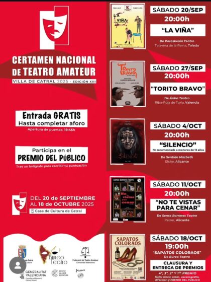 El XIII Certamen Nacional de Teatro Amateur 'Villa de Catral' se celebrará cada sábado del 20 de septiembre al 18 de octubre