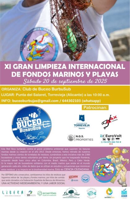 Torrevieja, evento: XI Gran Limpieza internacional de fondos marinos y playas a través del proyecto Libera, organizada por el Club de Buceo 'BurbuSub'