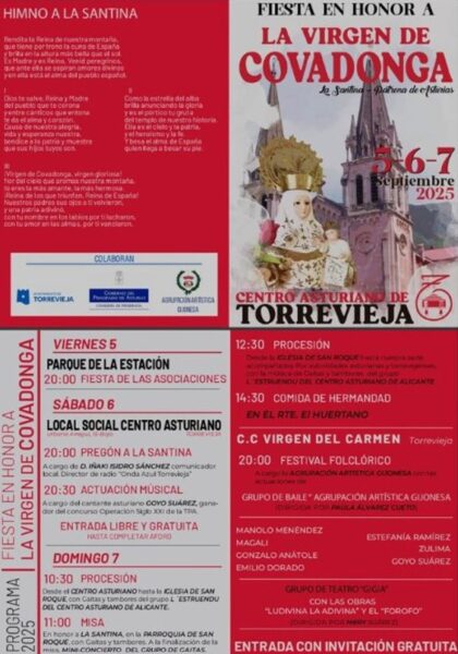 Torrevieja, evento: Celebración de la misa en honor a la Santina con gaitas y tambores y mini concierto del grupo de gaitas, dentro de los actos de la fiesta en honor a Nuestra Señora de Covadonga, patrona de Asturias, organizada por el Centro Asturiano de Torrevieja