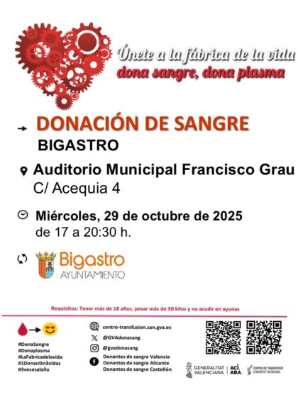 Bigastro, evento: Donación de sangre, organizada por el Centro de Transfusiones de la Comunidad Valenciana