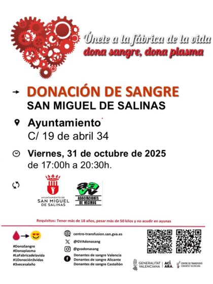 San Miguel de Salinas, evento: Donación de sangre, organizada por el Centro de Transfusiones de la Comunidad Valenciana