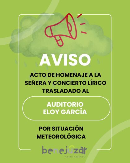 Benejúzar, evento: CAMBIO de UBICACIÓN al AUDITORIO 'ELOY GARCÍA' Procesión en el acto de homenaje a la 'Seneyra' y concierto lírico por la banda de la Unión Musical de Benejúzar, el Orfeón de Torrevieja 'Mario Bustillo' y el grupo folclórico 'El Pilar', dentro de los actos de las fiestas y romería en honor a la Virgen del Pilar