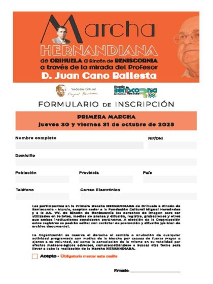 Beniel, evento: I Marcha Hernandiana desde Beniel a Rincón de Beniscornia (Murcia), en homenaje al profesor Juan Cano Ballesta, organizada por la Fundación Cultural Miguel Hernández