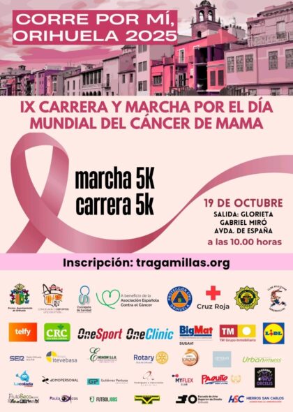 Orihuela, evento: IX Carrera y Marcha Solidaria por el Día Mundial del Cáncer de Mama 'Corre por mí, Orihuela' y a beneficio de la Asociación Española Contra el Cáncer (AECC), organizada por la Concejalía de Deportes