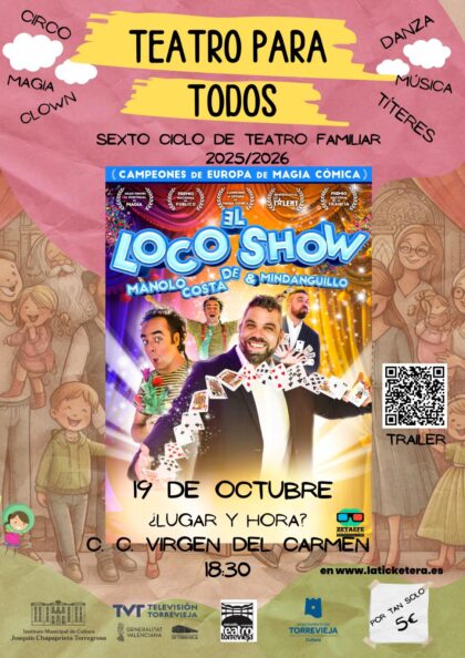 Torrevieja, evento cultural: Espectáculo de magia cómica 'El loco 'show' de Manolo Costa y Mindanguillo' en la VI Ciclo de Teatro Familiar 'Teatro para todos', dentro de la programación cultural para el tercer cuatrimestre organizada por la Concejalía de Cultura