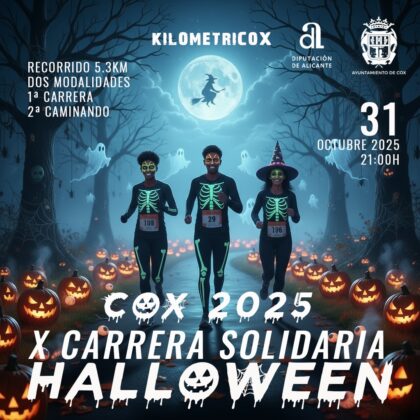 Cox, evento: X Carrera Solidaria de 'Halloween' Cox 2025 a beneficio de la ONG de Murcia, 'Azul en acción', con un recorrido de 5,3 kilómetros en dos modalidades, corriendo o caminando, organizada por el Ayuntamiento
