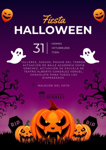 Rojales, evento: Fiesta de 'Halloween' 2025 con talleres, juegos, pasaje del terror y actuaciones de baile de la academia Sofía Sánchez y de la escuela de teatro 'Alberto González Vergel', organizada por el Ayuntamiento