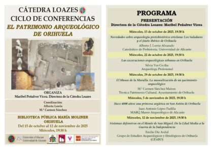 Orihuela, evento: Conferencia 'Las excavaciones arqueológicas urbanas en Orihuela' en el ciclo ‘El patrimonio arqueológico de Orihuela’ de la Cátedra Loazes, dentro de la programación cultural de octubre de la Biblioteca Municipal ‘María Moliner’