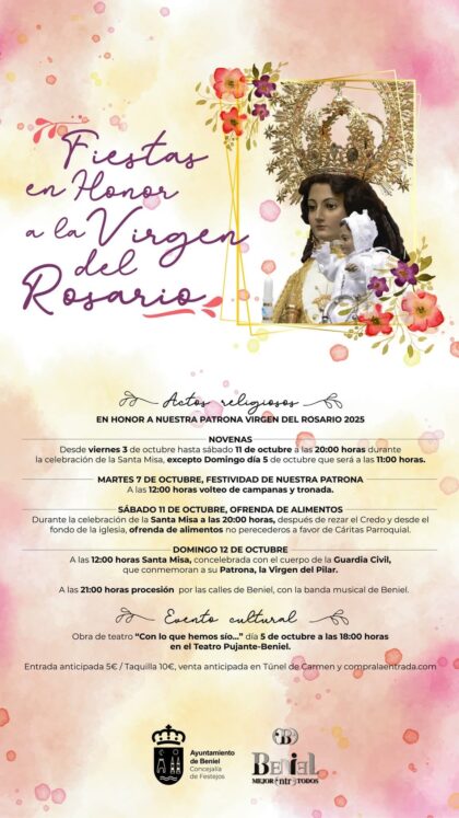 Beniel, evento: Celebración de la misa con ofrenda de alimentos no perecederos a favor de Cáritas Parroquial, dentro de los actos de las fiestas patronales en honor a la Virgen del Rosario