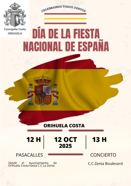 Orihuela, evento: Pasacalles por la banda de música de la Sociedad Cultural y Musical de Algorfa, dentro de los actos del Día de la Fiesta Nacional de España o de la Hispanidad organizados por la Concejalía de Orihuela Costa