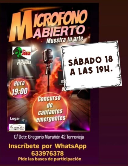 Torrevieja, evento cultural: III 'Micrófono abierto' en un concurso de cantantes emergentes por la plataforma 'Impulsarte' con una noche de talento, humor y música, organizado por 'La Cueva de Melpómene'