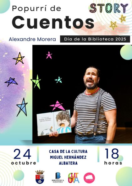 Albatera, evento: Espectáculo 'Popurrí de cuentos', con la actuación del artista Alexandre Morera, dentro de los actos del Día de la Biblioteca 2025 organizados por la Concejalía de Cultura