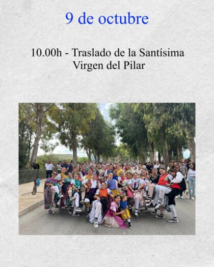 Benejúzar, evento: CAMBIO de UBICACIÓN al AUDITORIO 'ELOY GARCÍA' Procesión en el acto de homenaje a la 'Seneyra' y concierto lírico por la banda de la Unión Musical de Benejúzar, el Orfeón de Torrevieja 'Mario Bustillo' y el grupo folclórico 'El Pilar', dentro de los actos de las fiestas y romería en honor a la Virgen del Pilar