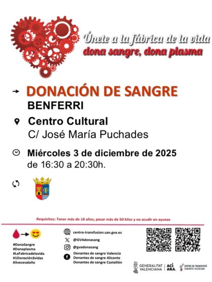 Benferri, evento: Donación de sangre, organizada por el Centro de Transfusiones de la Comunidad Valenciana