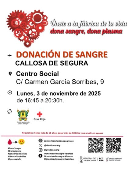 Callosa de Segura, evento: Donación de sangre, organizada por el Centro de Transfusiones de la Comunidad Valenciana