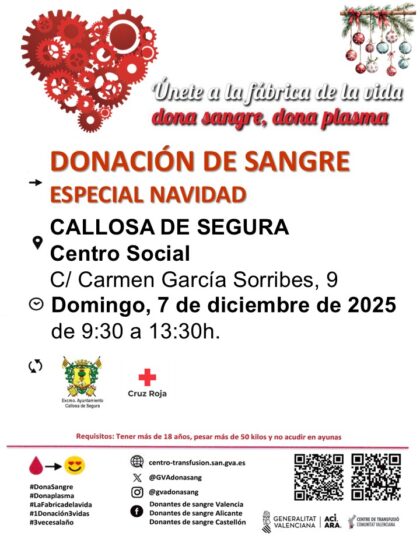 Callosa de Segura, evento: Donación de sangre especial de Navidad, organizada por el Centro de Transfusiones de la Comunidad Valenciana