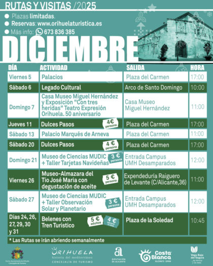 Orihuela, evento: Ruta turística guiada 'El legado cultural', dentro de las rutas y visitas turísticas guiadas de diciembre organizadas por la Concejalía de Turismo