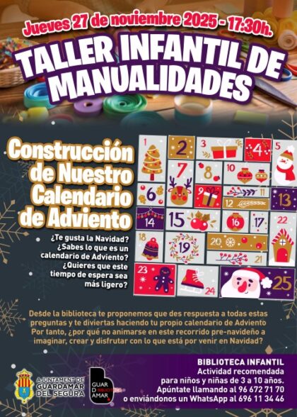 Guardamar del Segura, evento: Taller infantil de manualidades 'Construcción de nuestro calendario de adviento' recomendado para niños de 3 a 10 años, dentro de la agenda municipal de noviembre del Ayuntamiento