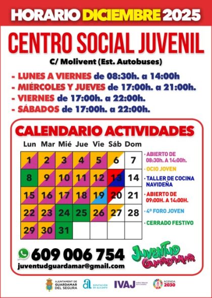 Guardamar del Segura, evento: Actividades del Centro Social Juvenil (CSJ) para jóvenes de 12 a 30 años, dentro de la agenda municipal de diciembre del Ayuntamiento