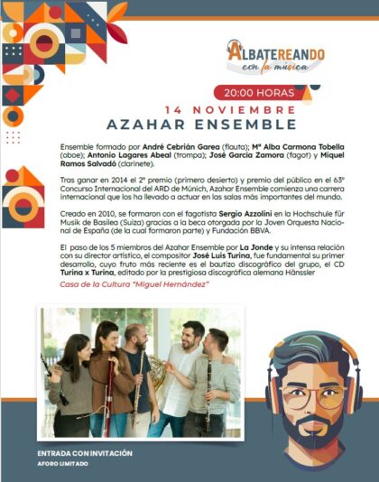 Albatera, evento cultural: Concierto del grupo 'Azahar Ensemble', dentro de los actos del ciclo 'Albatereando con la música'