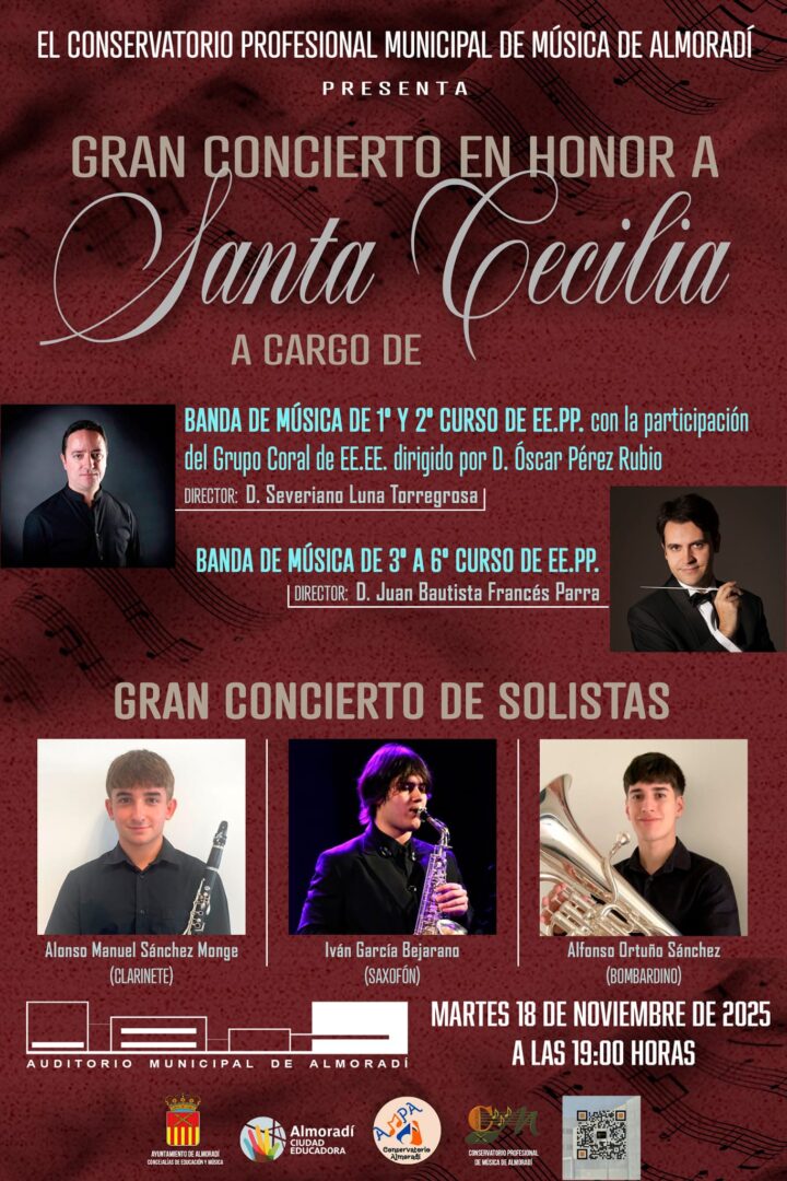 Almoradí, evento cultural: Concierto de Santa Cecilia por bandas de música de diferentes cursos del conservatorio y concierto de solistas de clarinete, saxofón y bombardino, organizado por el Conservatorio Profesional Municipal de Música