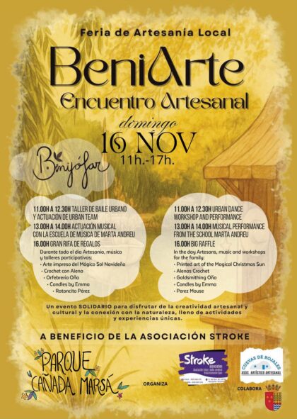 
Benijófar, evento: Encuentro artesanal 'BeniArte' con feria de artesanía local, música y talleres, organizado por la asociación de ictus y daño cerebral 'Stroke association' y la asociación artístico artesanal 'Cuevas de Rojales'
