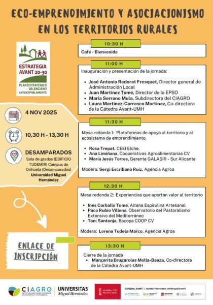 Desamparados de Orihuela, evento: Jornada 'Eco-emprendimiento y asociacionismo en los territorios rurales', organizado por el CIAGRO de la Universidad Miguel Hernández (UMH) y la Cátedra AVANT de la UMH