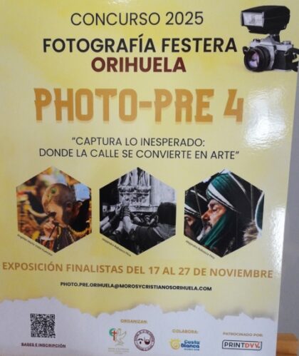 Orihuela, evento: Exposición colectiva de los finalistas del IV Concurso de Fotografía Festera 'Photo-Pre 4' 2025, organizada por la asociación de Fiestas de Moros y Cristianos 'Santas Justa y Rufina' y el Festival de la Pre-Conquista