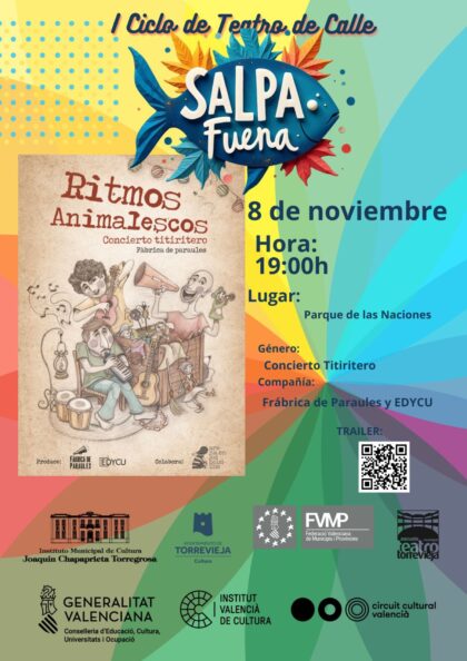 Torrevieja, evento cultural: Concierto titiritero 'Ritmos animalescos', por la compañía 'Fábrica de Paraules y EDYCU' en el primer ciclo de Teatro de Calle 'SALpa fuera', dentro de la programación cultural para el tercer cuatrimestre organizada por la Concejalía de Cultura