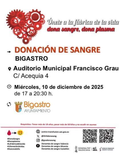 Bigastro, evento: Donación de sangre, organizada por el Centro de Transfusiones de la Comunidad Valenciana