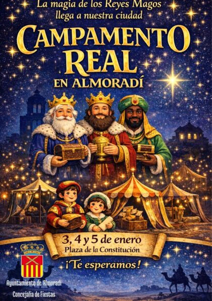 Almoradí, evento: CAMBIO de UBICACIÓN Llegada del Campamento Real de los Reyes Magos con actividades para niños y familias, dentro del programa de las fechas navideñas organizado por el Ayuntamiento