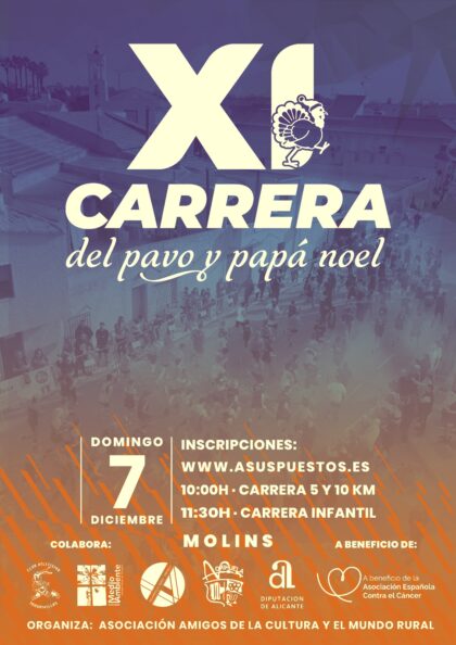 Molins de Orihuela, evento: XI Carrera del Pavo y Papá Noel solidaria a favor de Asociación Española Contra el Cáncer (AECC), con pruebas de 5 y 10 kilómetros para mayores de 14 o 16 años y prueba de menores, organizada por la asociación de amigos de la cultura y el mundo rural y Ayuntamiento
