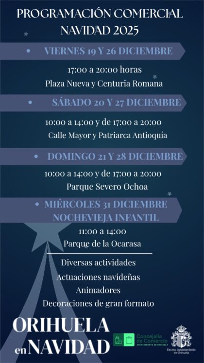 Orihuela, evento: Actividades de dinamización comercial en Navidad con talleres, actividades musicales, juegos, magia y animación infantil, organizadas por la Concejalía de Comercio