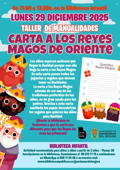 Guardamar del Segura, evento: Taller infantil de manualidades navideñas 'Carta a los Reyes Magos de Oriente' para más de 3 años, dentro de la agenda municipal de diciembre del Ayuntamiento