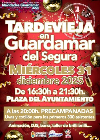 Guardamar del Segura, evento: Tardevieja con animación, precampanadas, djs, uvas, cotillón y taller de 'brilli brilli', dentro del programa de actividades de las navidades 2025-2026 organizado por el Ayuntamiento