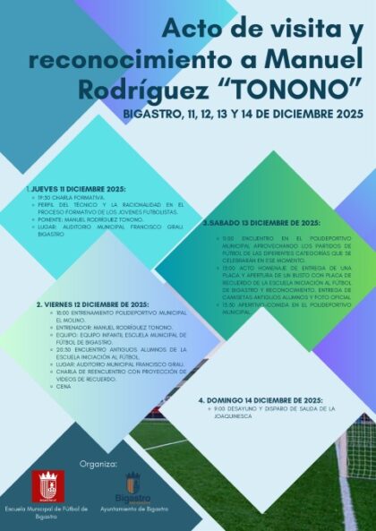 Bigastro, evento: Acto de homenaje con entrega de placa, inauguración de busto conmemorativo y reconocimiento oficial de la Escuela de Iniciación al Fútbol de Bigastro a 'Tonono', dentro de los actos de reconocimiento a la figura de Manuel Rodríguez 'Tonono'