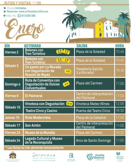 Orihuela, evento: Reservas para las rutas y visitas turísticas guiadas de enero, organizadas por la Concejalía de Turismo