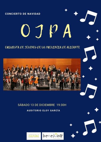 Benejúzar, evento cultural: Concierto de Navidad a cargo de la OJPA (Orquesta de Jóvenes de la Provincia de Alicante), dentro de la programación de actividades de Navidad y Reyes organizada por el Ayuntamiento