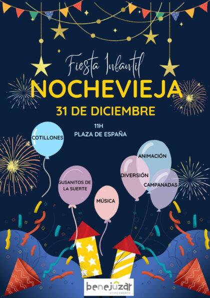 Benejúzar, evento: Fiesta de Nochevieja infantil con animación, gusanitos de la suerte, diversión, campanadas, música y cotillones, dentro de la programación de actividades de Navidad y Reyes organizada por el Ayuntamiento