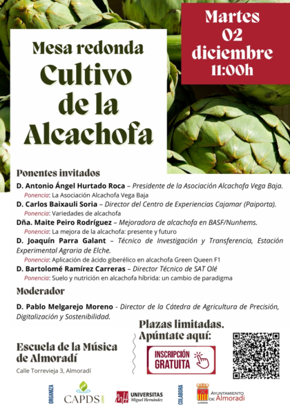 Almoradí, evento: Mesa redonda 'Cultivo de la alcachofa', organizada por la Cátedra de Agricultura de Precisión, Digitalización y Sostenibilidad (CAPDS) de la Universidad Miguel Hernández (UMH)